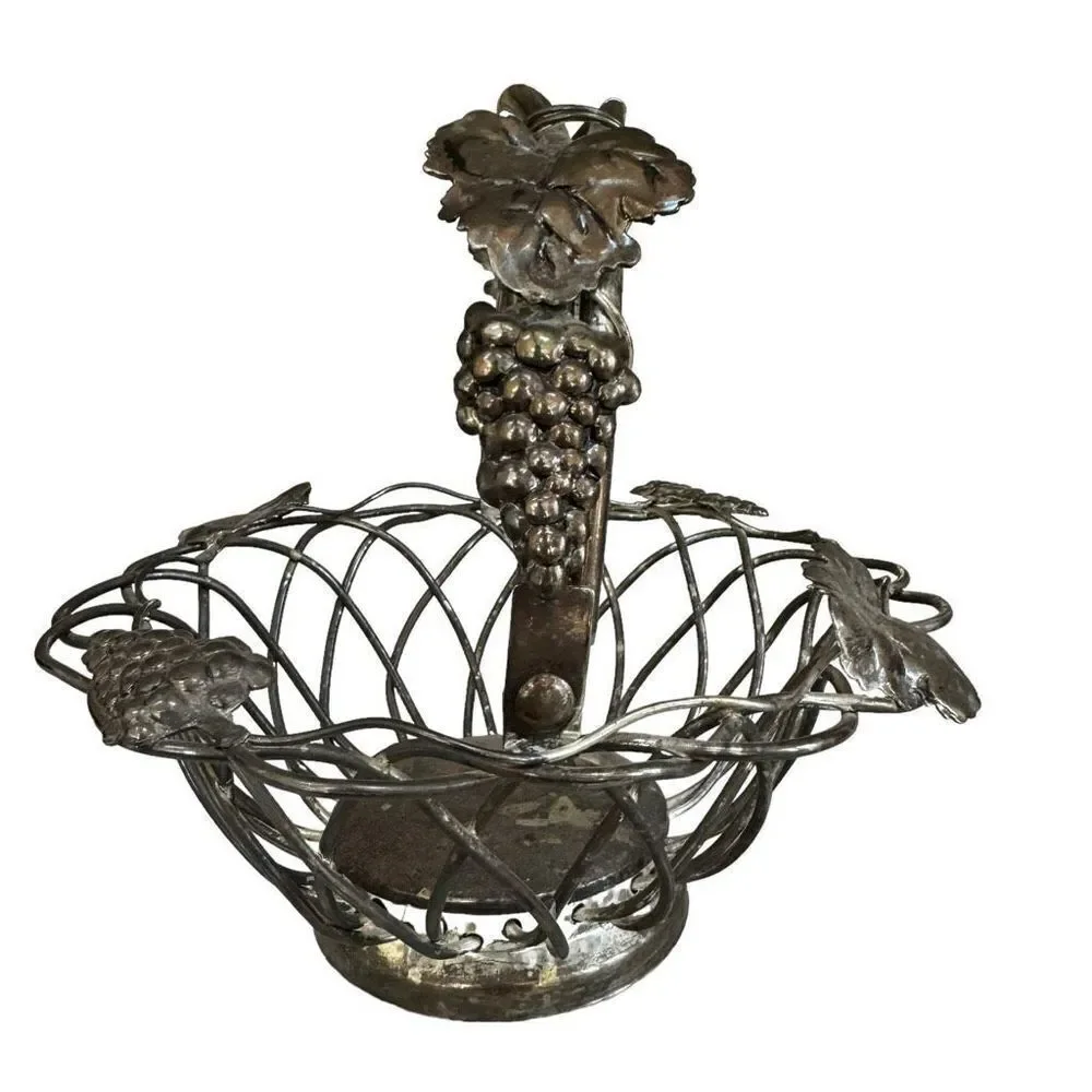 Godinger Silver Plate Open Weave Fruit Bread Bowl Movable Handle Vintage Grapes